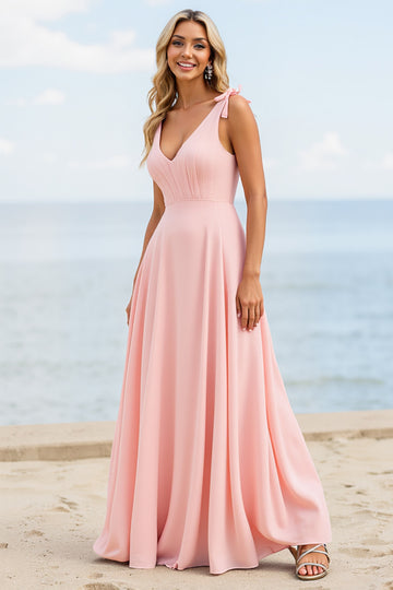 A Line V-Neck Candy Pink Bridesmaid Dress